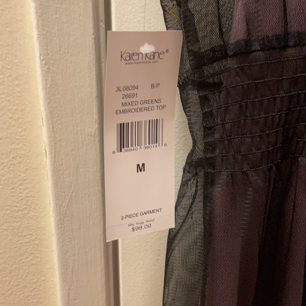 New Karen Kane sheer black mixed greens lace top M - Picture 7 of 11